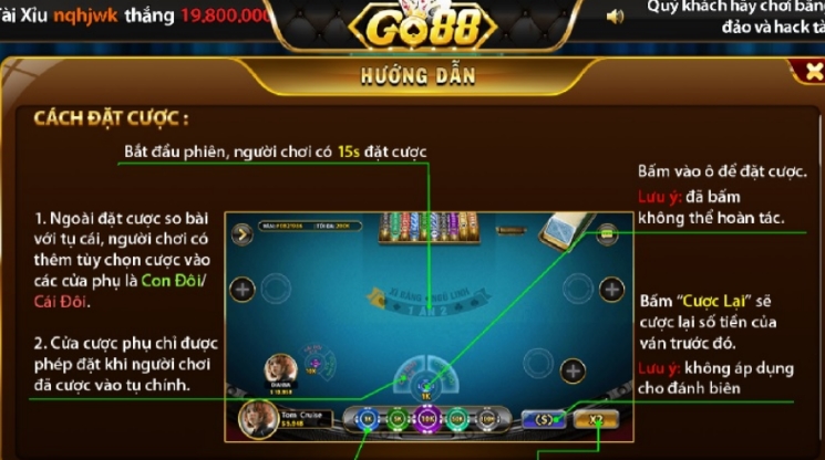 Bảng hướng dẫn đặt cược game Xì Dách tại Go88
