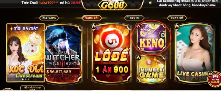 Dòng game keno Go88 vô cùng thịnh hành 